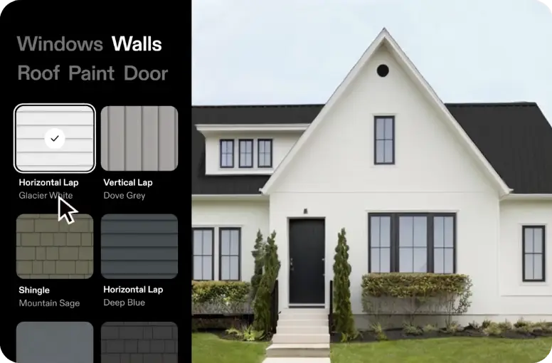 Home visualizer tool previewing new door, siding, and roofing options on a house