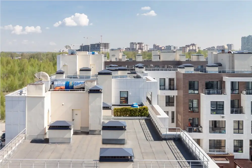A low-slope commercial flat roof