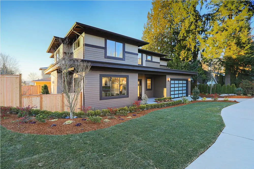Modern two-story home with low-slope roof sections