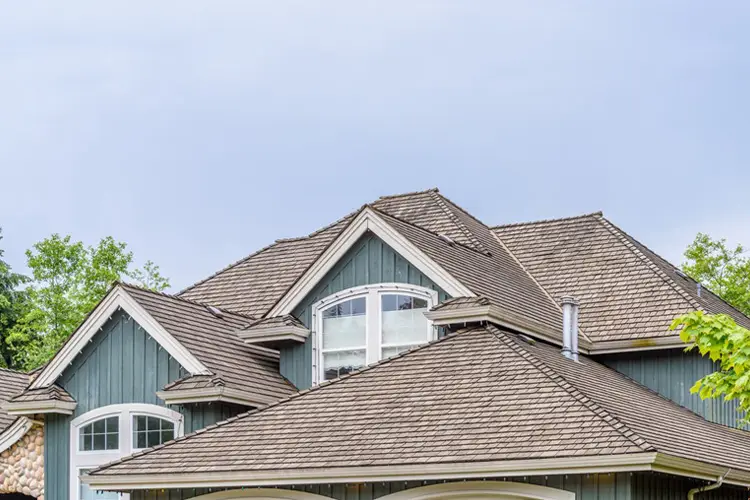Multi-gable roof with textured brown shingles above light siding and an arched window