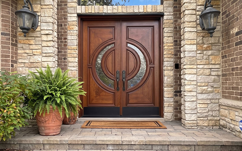 Double wood front doors with curved glass inserts on a stone-front home