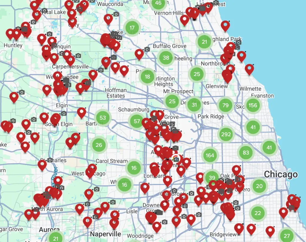 Map of completed Horizon Restoration exterior projects across the Chicago area