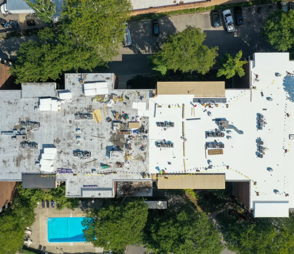 Flat low-slope membrane roof on a commercial building, the type of commercial roofing work handled near Downers Grove, IL